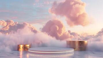 Smoke dances amidst clouds and sky, rising from a chimney A blend of nature and pollution creates an abstract, vintage scene, with Gold podium stage minimal abstract background. photo