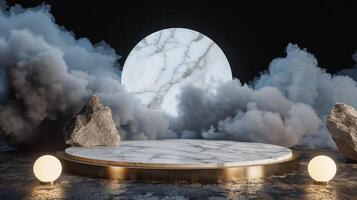 Smoke dances amidst clouds and sky, and gold geometric Stone and Rock shape background., vintage scene, with Gold podium stage minimal abstract background. photo