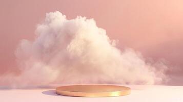 Smoke dances amidst clouds and sky, rising from a chimney A blend of nature and pollution creates an abstract, vintage scene, with Gold podium stage minimal abstract background. photo