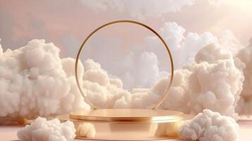 Smoke dances amidst clouds and sky, rising from a chimney A blend of nature and pollution creates an abstract, vintage scene, with Gold podium stage minimal abstract background. photo