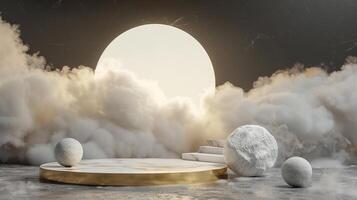 Smoke dances amidst clouds and sky, and gold geometric Stone and Rock shape background., vintage scene, with Gold podium stage minimal abstract background. photo