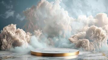 Smoke dances amidst clouds and sky, and gold geometric Stone and Rock shape background., vintage scene, with Gold podium stage minimal abstract background. photo