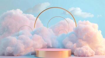 Smoke dances amidst clouds and sky, rising from a chimney A blend of nature and pollution creates an abstract, vintage scene, with Gold podium stage minimal abstract background. photo