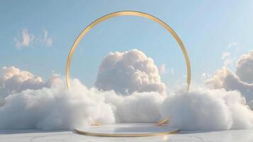 Smoke dances amidst clouds and sky, rising from a chimney A blend of nature and pollution creates an abstract, vintage scene, with Gold podium stage minimal abstract background. photo