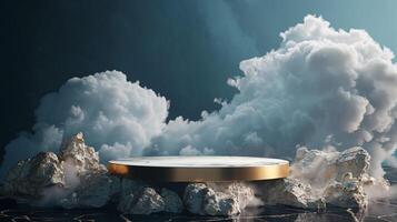 Smoke dances amidst clouds and sky, and gold geometric Stone and Rock shape background., vintage scene, with Gold podium stage minimal abstract background. photo