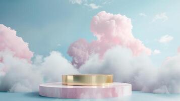 Smoke dances amidst clouds and sky, rising from a chimney A blend of nature and pollution creates an abstract, vintage scene, with Gold podium stage minimal abstract background. photo