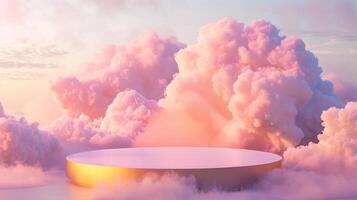 Smoke dances amidst clouds and sky, rising from a chimney A blend of nature and pollution creates an abstract, vintage scene, with Gold podium stage minimal abstract background. photo