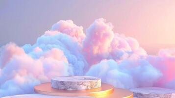 Smoke dances amidst clouds and sky, rising from a chimney A blend of nature and pollution creates an abstract, vintage scene, with Gold podium stage minimal abstract background. photo