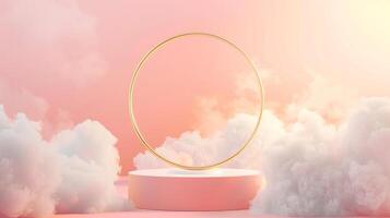 Smoke dances amidst clouds and sky, rising from a chimney A blend of nature and pollution creates an abstract, vintage scene, with Gold podium stage minimal abstract background. photo