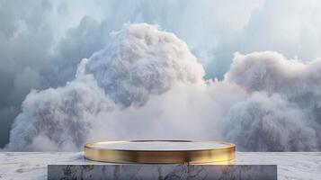 Smoke dances amidst clouds and sky, and gold geometric Stone and Rock shape background., vintage scene, with Gold podium stage minimal abstract background. photo