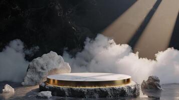 Smoke dances amidst clouds and sky, and gold geometric Stone and Rock shape background., vintage scene, with Gold podium stage minimal abstract background. photo