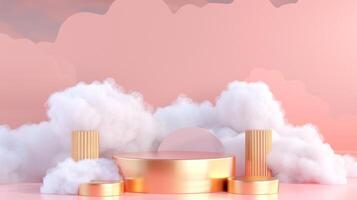 Smoke dances amidst clouds and sky, rising from a chimney A blend of nature and pollution creates an abstract, vintage scene, with Gold podium stage minimal abstract background. photo
