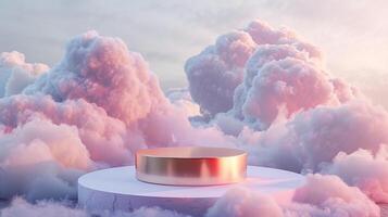 Smoke dances amidst clouds and sky, rising from a chimney A blend of nature and pollution creates an abstract, vintage scene, with Gold podium stage minimal abstract background. photo