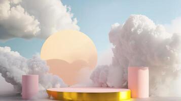 Smoke dances amidst clouds and sky, rising from a chimney A blend of nature and pollution creates an abstract, vintage scene, with Gold podium stage minimal abstract background. photo