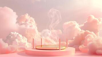 Smoke dances amidst clouds and sky, rising from a chimney A blend of nature and pollution creates an abstract, vintage scene, with Gold podium stage minimal abstract background. photo