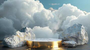 Smoke dances amidst clouds and sky, and gold geometric Stone and Rock shape background., vintage scene, with Gold podium stage minimal abstract background. photo