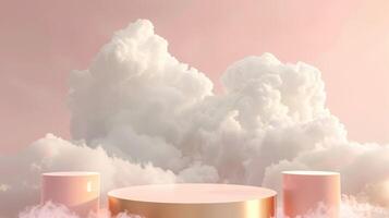 Smoke dances amidst clouds and sky, rising from a chimney A blend of nature and pollution creates an abstract, vintage scene, with Gold podium stage minimal abstract background. photo