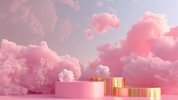 Smoke dances amidst clouds and sky, rising from a chimney A blend of nature and pollution creates an abstract, vintage scene, with Gold podium stage minimal abstract background. photo