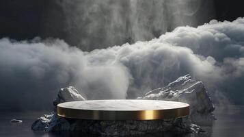 Smoke dances amidst clouds and sky, and gold geometric Stone and Rock shape background., vintage scene, with Gold podium stage minimal abstract background. photo