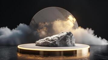 Smoke dances amidst clouds and sky, and gold geometric Stone and Rock shape background., vintage scene, with Gold podium stage minimal abstract background. photo