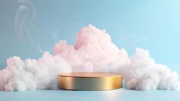 Smoke dances amidst clouds and sky, rising from a chimney A blend of nature and pollution creates an abstract, vintage scene, with Gold podium stage minimal abstract background. photo