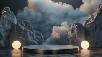 Smoke dances amidst clouds and sky, and gold geometric Stone and Rock shape background., vintage scene, with Gold podium stage minimal abstract background. photo