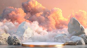 Smoke dances amidst clouds and sky, and gold geometric Stone and Rock shape background., vintage scene, with Gold podium stage minimal abstract background. photo