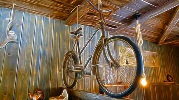 digital pintura estilo representando un antiguo bicicleta mantenido en un de madera choza foto