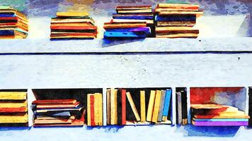 Watercolor of books on the shelves photo