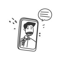 hand drawn doodle person holding microphone on mobile phone illustration vector