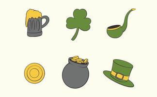 a cartoon illustration of sr pattrick day, a pot with a gold coin and a green pot with a gold coin on it. vector