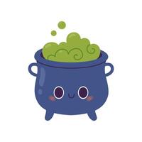 Cartoon witch cauldron with green magic soup in kawaii style. flat illustration. vector