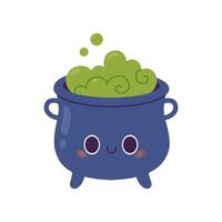 Cartoon witch cauldron with green magic soup in kawaii style. flat illustration. vector