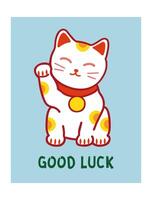 Postcard Template with Maneki Neko Japanese cat. Symbol of good luck, fortune and prosperity. Doodle illustration vector