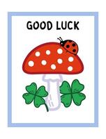 Good Luck Postcard Template with fly agaric, ladybug and four leaf clover. Best wishes with symbols of success vector