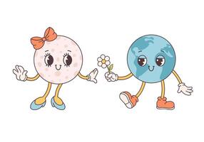 Trendy cartoon groovy planet characters in retro style 60s and 70s. Earth and Moon. Earth Day, Save planet vector