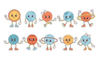 Collection of trendy cartoon groovy planets in retro style. Solar System. Earth Day, Save planet vector