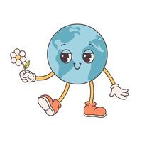 Trendy cartoon groovy planet character in retro style 60s and 70s. Solar System, Space. Earth Day, Save planet vector