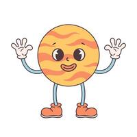 Trendy cartoon groovy planet character in retro style 60s and 70s. Solar System, Space. Earth Day, Save planet. vector