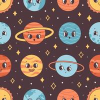 Seamless pattern with Solar System and space. Trendy groovy cartoon planet characters. vector