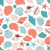 Seamless pattern with sea shells, mollusks, starfish. Tropical beach shells. Summer seamless pattern. vector