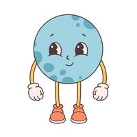 Trendy cartoon groovy planet character in retro style 60s and 70s. Solar System, Space. Earth Day, Save planet vector
