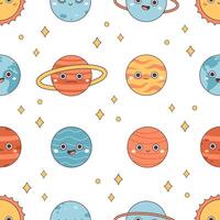 Seamless pattern with Solar System and space. Trendy groovy cartoon planet characters vector