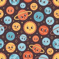 Seamless pattern with Solar System and space. Trendy groovy cartoon planet characters. vector