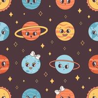 Seamless pattern with Solar System and space. Trendy groovy cartoon planet characters. vector