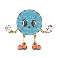 Trendy cartoon groovy planet character in retro style 60s and 70s. Solar System, Space. Earth Day, Save planet. vector