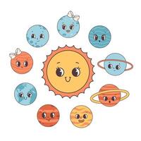 Collection of trendy cartoon groovy planets in retro style. Solar System. Earth Day, Save planet vector