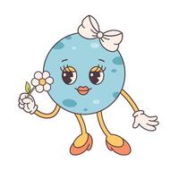 Trendy cartoon groovy planet character in retro style 60s and 70s. Solar System, Space. Earth Day, Save planet. vector