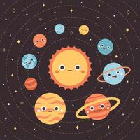 Solar System, space. Cartoon planet characters. Earth Day, Save planet vector