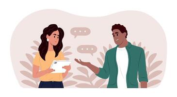 hombre y mujer en el oficina son teniendo un diálogo. colegas discutir trabajo en un articulación proyecto. ilustración con blanco antecedentes vector